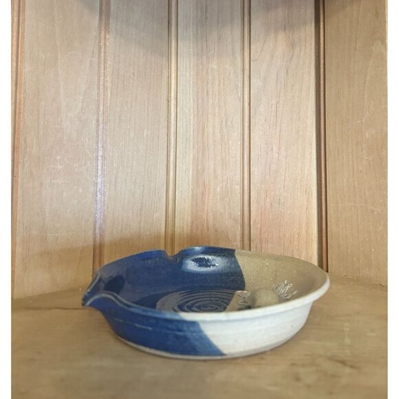 Vintage Ugly Face Signed Trinket Dish Ashtray Pottery Dish Blue Beige Glaze Uniq - Picture 4 of 5